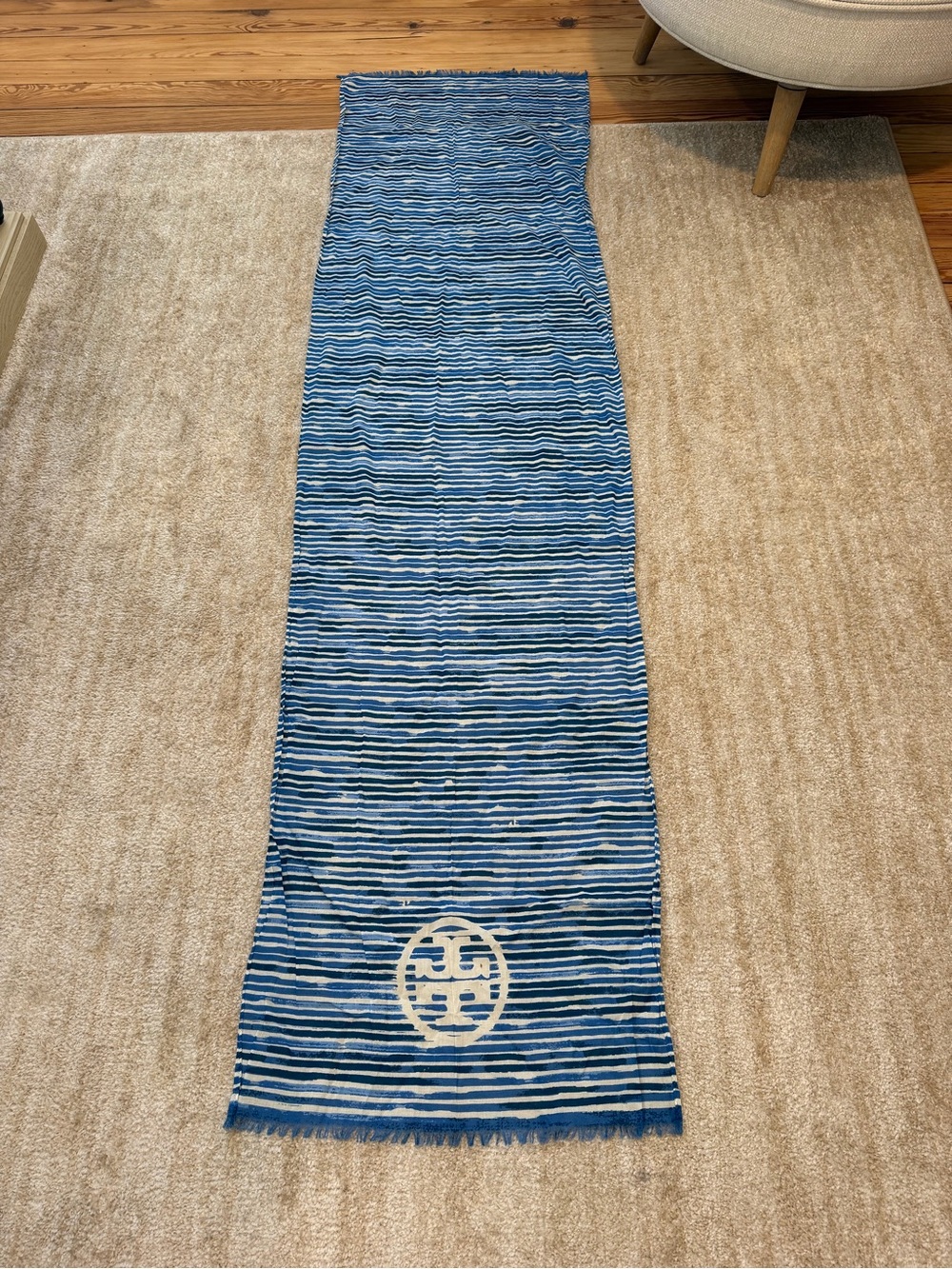 Tory Burch Blue and Cream Striped Logo Scarf